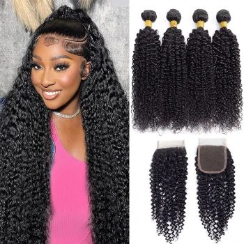 Curly Hair 4 Bundles with 4x4 Lace Closure Human Hair Weave Extensions