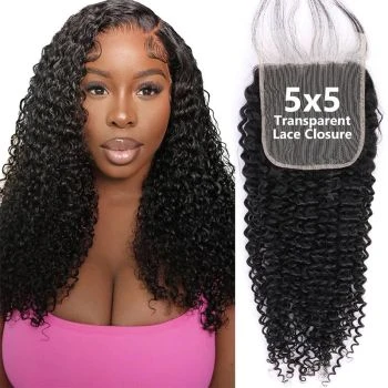 5x5 Curly HD Transparent Lace Closure – Virgin Human Hair Pre-Plucked with Baby Hair