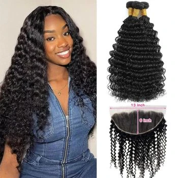 Deep Wave Human Hair with Frontal Virgin Hair Deep Wave Extensions 3 Bundles with 13x6 Lace Frontal