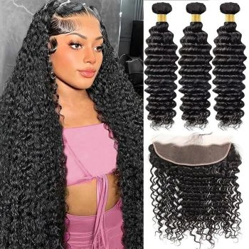 3 Bundles Deep Wave Virgin Human Hair Weave With 13x4 Lace Frontal