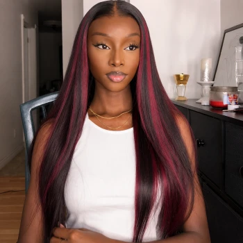 Upgraded 1B/99J Highlight Black With Red Straight Wig Human Hair Glueless Wig For Women