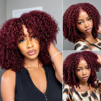 Fysin 99J Fluffy Layer Burmese Curly Glueless Wig 5x5 HD Lace Closure Human Hair Wigs