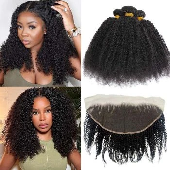 3 Bundles with Frontal Virgin Hair Kinky Curly Human Hair Extensions with 13x6 Lace Frontal