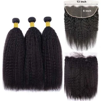 Kinky Straight 3 Bundles with 13x6 HD Lace Frontal 100% Virgin Human Hair Weave
