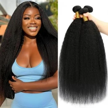3 Bundles Yaki Kinky Straight Virgin Human Hair Weave Extensions