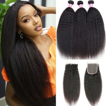 Kinky Straight Hair Weave 3 Bundles with 4x4 Lace Closure Human Hair