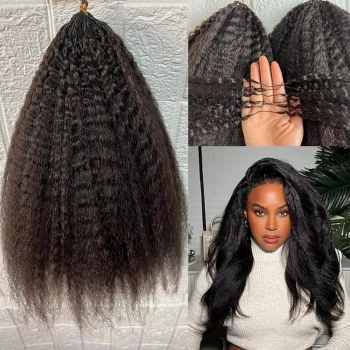 Kinky Straight Remy Hair Extension Feather Crochet Pre-Looped Knotless Braiding Dark Colors Hair