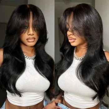 7×4 Glueless Layered Body Wave Wig Pre-Plucked with Butterfly Curtain Bangs