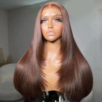 Chocolate Brown Color Straight Lace Wig #4 Brown Layered Cut Human Hair Wigs Pre Plucked Pre Styled 13x4 Lace Frontal Wig