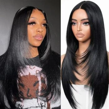 Straight Wig with Curtain Bangs Pre Styled Pre Plucked Blow Out Human Hair Wig Layered Cut13x4 13x6 Lace Frontal Wig