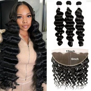 3 Bundles Loose Deep Wave Human Hair with 13x6 Lace Frontal