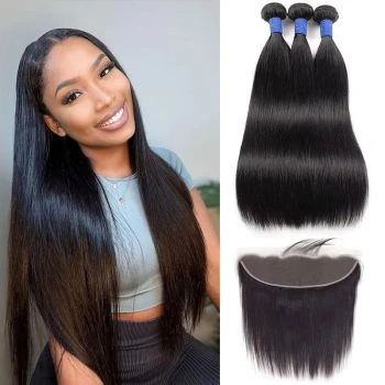 3 Bundles Straight Human Hair Weave Extensions With 13x4 Lace Frontal