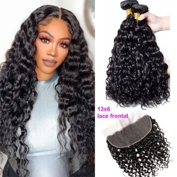 3 Bundles Water Wave Virgin Human Hair Weave Extensions with 13x6 Lace Frontal