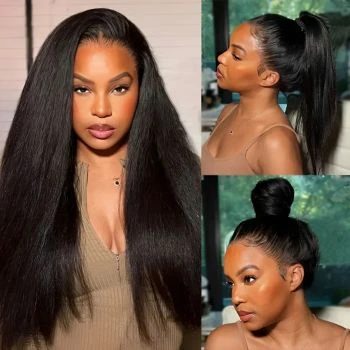 Glueless 360 Full Lace Frontal Wig Yaki Kinky Straight Human Hair Invisible Strap